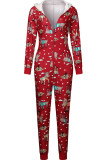 Red Casual Print Patchwork Zipper Hooded Collar Regular Jumpsuits