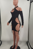 Ink Green Sexy Hollowed Out Patchwork Halter One Step Skirt Dresses