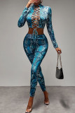 Blue Sexy Print Bandage Hollowed Out Patchwork O Neck Long Sleeve Two Pieces