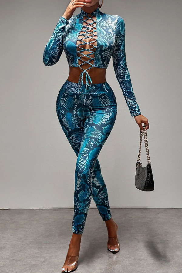 Blue Sexy Print Bandage Hollowed Out Patchwork O Neck Long Sleeve Two Pieces