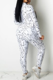 White Casual Print Patchwork Zipper Long Sleeve Two Pieces