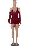Pink Sexy Solid Patchwork Draw String Fold V Neck One Step Skirt Dresses