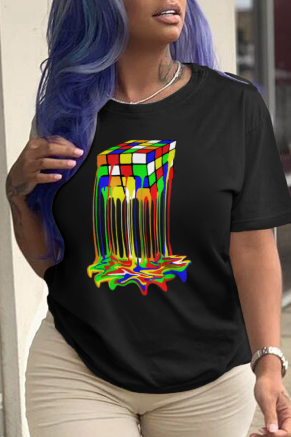 Black Casual Street Print Patchwork O Neck T-Shirts