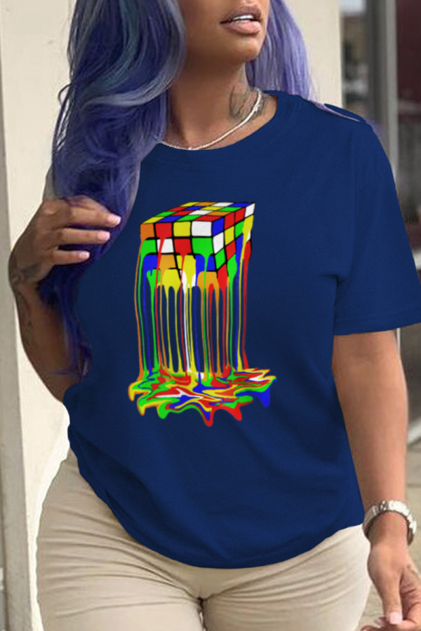 Navy Blue Casual Street Print Patchwork O Neck T-Shirts