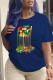 Navy Blue Casual Street Print Patchwork O Neck T-Shirts