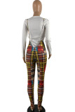 Deep Coffee Casual Plaid Print O Neck Long Sleeve Two Pieces