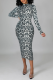 Grey Sexy Leopard Patchwork Half A Turtleneck Pencil Skirt Dresses