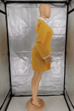 Yellow Casual Solid Patchwork Turndown Collar Cake Skirt Dresses