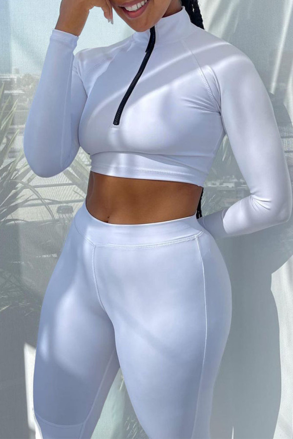 White Sportswear Solid Patchwork Zipper Collar Long Sleeve Two Pieces