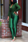Green Casual Solid Bandage Patchwork V Neck Long Sleeve Two Pieces