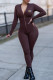 Coffee Fashion Street Print Patchwork Zipper Collar Jumpsuits
