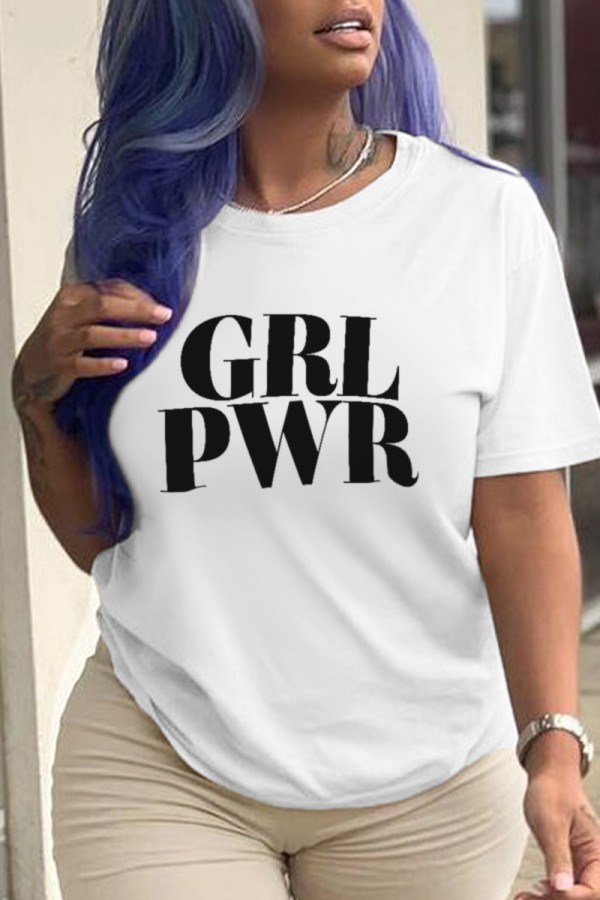 White Casual Street Print Patchwork Letter O Neck T-Shirts