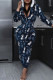 Tibetan Blue Casual Print Patchwork Zipper Hooded Collar Regular Jumpsuits