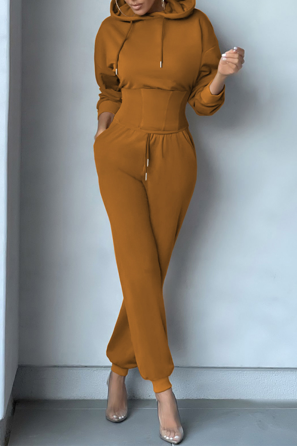 Brown Casual Solid Patchwork Hooded Collar Long Sleeve Two Pieces