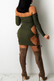 Ink Green Sexy Hollowed Out Patchwork Halter One Step Skirt Dresses