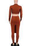Blue Casual Solid Patchwork Slit O Neck Long Sleeve Two Pieces