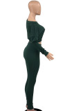 Deep Blue Sexy Solid Patchwork Off the Shoulder Long Sleeve Two Pieces
