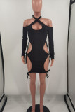 Ink Green Sexy Hollowed Out Patchwork Halter One Step Skirt Dresses