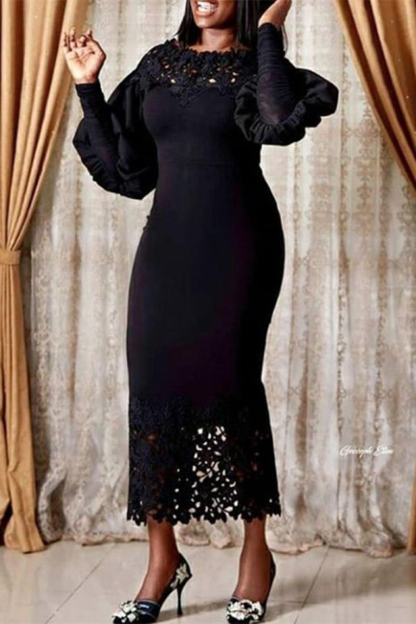 Black Fashion Solid Hollowed Out Patchwork O Neck Long Sleeve Dresses