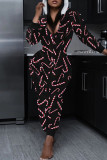Black Casual Print Patchwork Zipper Hooded Collar Regular Jumpsuits