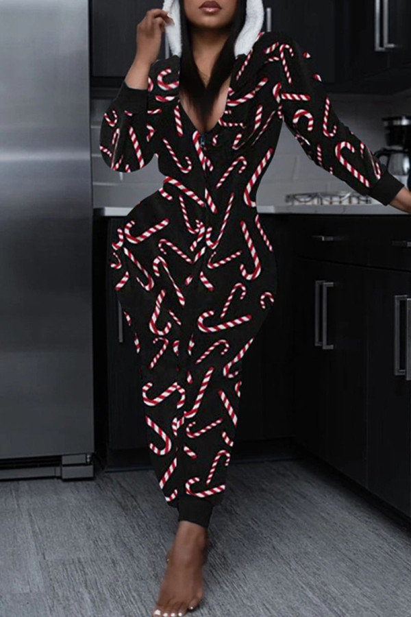 Black Casual Print Patchwork Zipper Hooded Collar Regular Jumpsuits