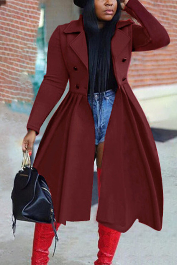 Wine Red Elegant Solid Patchwork Turndown Collar Outerwear