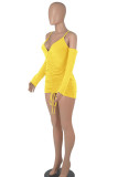 Pink Sexy Solid Patchwork Draw String Fold V Neck One Step Skirt Dresses