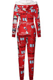 Red Casual Print Patchwork Zipper Hooded Collar Regular Jumpsuits