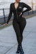 Black Fashion Street Print Patchwork Zipper Collar Jumpsuits