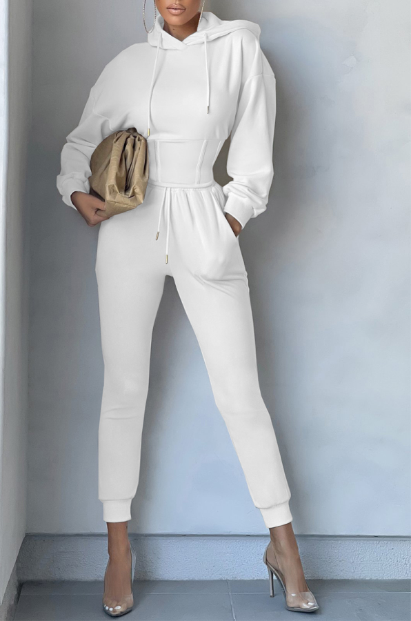 White Casual Solid Patchwork Hooded Collar Long Sleeve Two Pieces