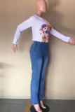 Baby Blue Casual Print Patchwork Boot Cut Mid Waist Speaker Solid Color Bottoms