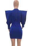 Dark Blue Sexy lantern sleeve Long Sleeves V Neck Step Skirt skirt hollow out asymmetrical Solid cha