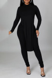 Blue Casual Solid Patchwork Slit O Neck Long Sleeve Two Pieces