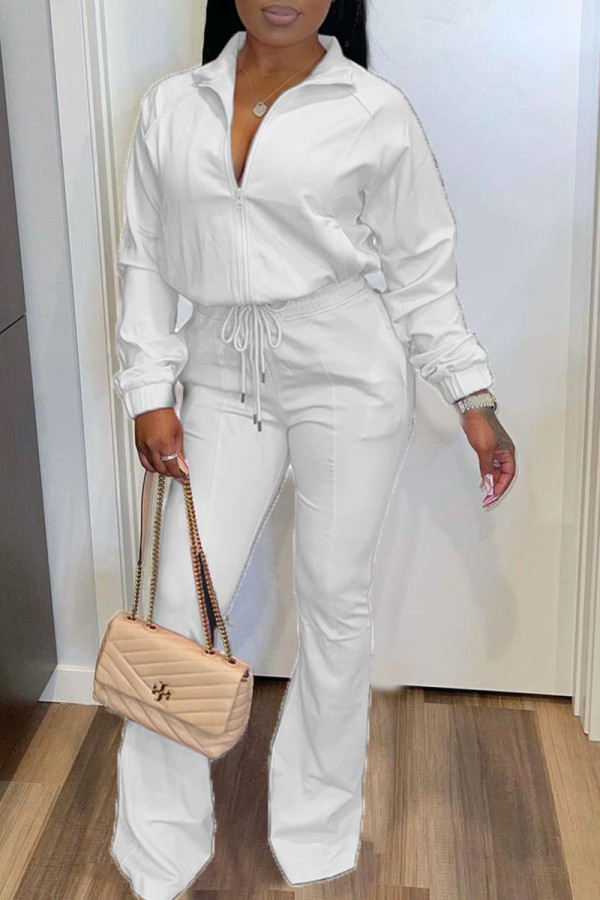 White Casual Solid Zipper Turndown Collar Long Sleeve Two Pieces