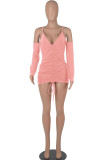 Pink Sexy Solid Patchwork Draw String Fold V Neck One Step Skirt Dresses
