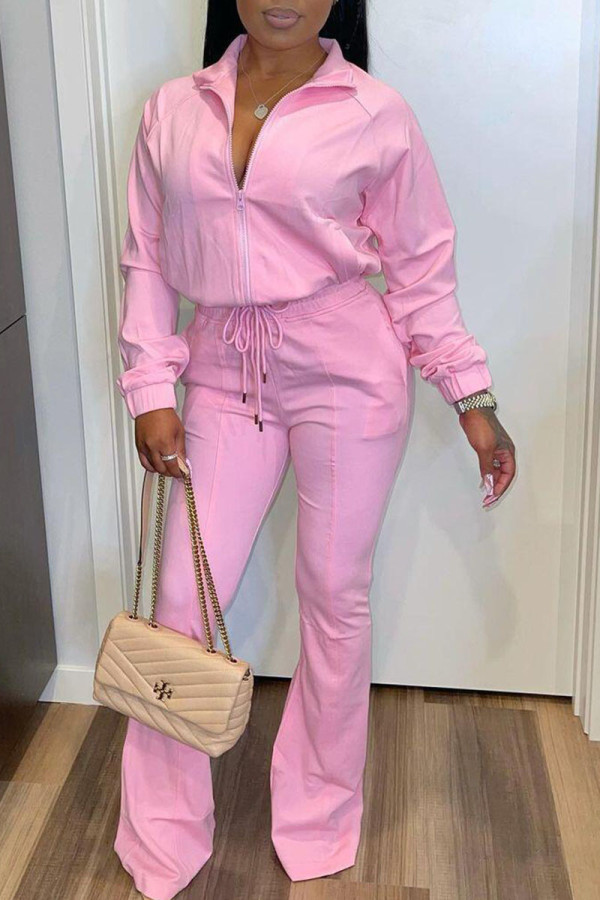 Pink Casual Solid Zipper Turndown Collar Long Sleeve Two Pieces