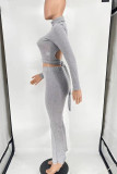 Light Gray Casual Solid Bandage Patchwork Backless Turtleneck Long Sleeve Two Pieces