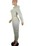 Grey Casual Print Patchwork Asymmetrical Zipper Hooded Collar Long Sleeve Two Pieces