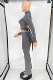 Light Gray Casual Solid Bandage Patchwork Backless Turtleneck Long Sleeve Two Pieces