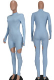 Light Blue Sexy Solid Hollowed Out Patchwork Half A Turtleneck Regular Jumpsuits