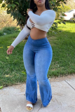 Baby Blue Casual Print Patchwork Boot Cut Mid Waist Speaker Solid Color Bottoms