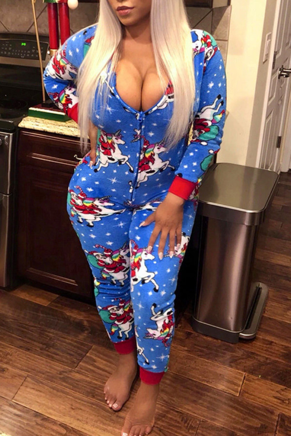 Blue Casual Print Patchwork Zipper Hooded Collar Regular Jumpsuits