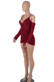 Pink Sexy Solid Patchwork Draw String Fold V Neck One Step Skirt Dresses