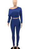 Deep Blue Sexy Solid Patchwork Off the Shoulder Long Sleeve Two Pieces