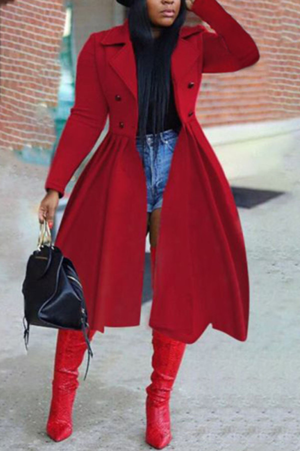 Red Elegant Solid Patchwork Turndown Collar Outerwear