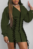 Army Green Casual Solid Bandage Patchwork Zipper Hooded Collar One Step Skirt Dresses
