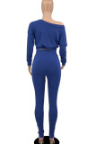 Deep Blue Sexy Solid Patchwork Off the Shoulder Long Sleeve Two Pieces
