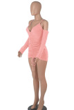 Pink Sexy Solid Patchwork Draw String Fold V Neck One Step Skirt Dresses