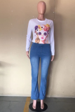 Baby Blue Casual Print Patchwork Boot Cut Mid Waist Speaker Solid Color Bottoms