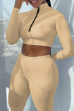 White Sportswear Solid Patchwork Zipper Collar Long Sleeve Two Pieces